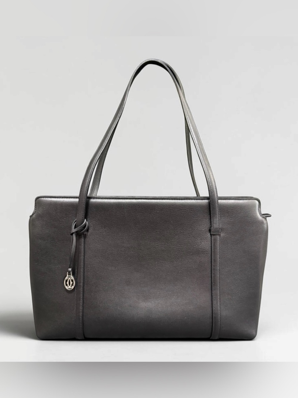 Cartier Cabochon Black Leather Shoulder Tote Travel Work Bag